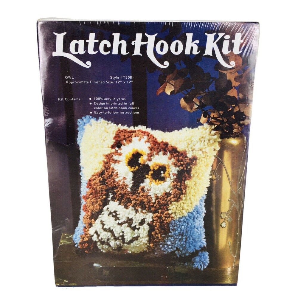 Vintage 70s Sew Simple Owl Pillow Latch Hook Kit Beginner Style #T508 Sealed NEW